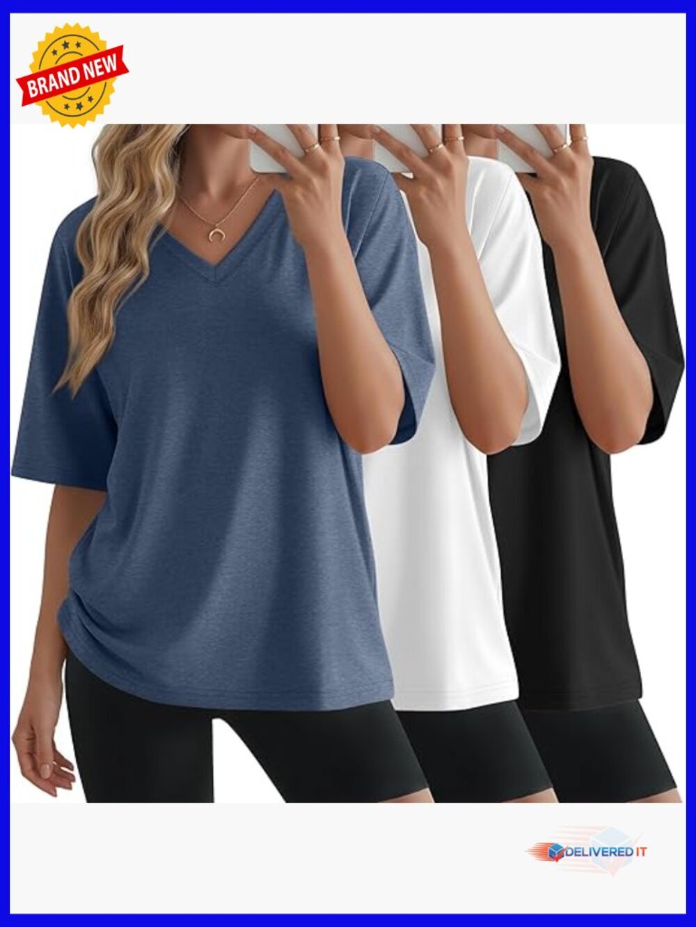 3 Pack Womens Oversized Half Sleeve V Neck T Shirts Loose Fit Summer Tees